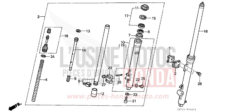 GABEL, VORNE (R2F/R2G) von CR80R "große Räder" FLASH RED (R119) von 1985
